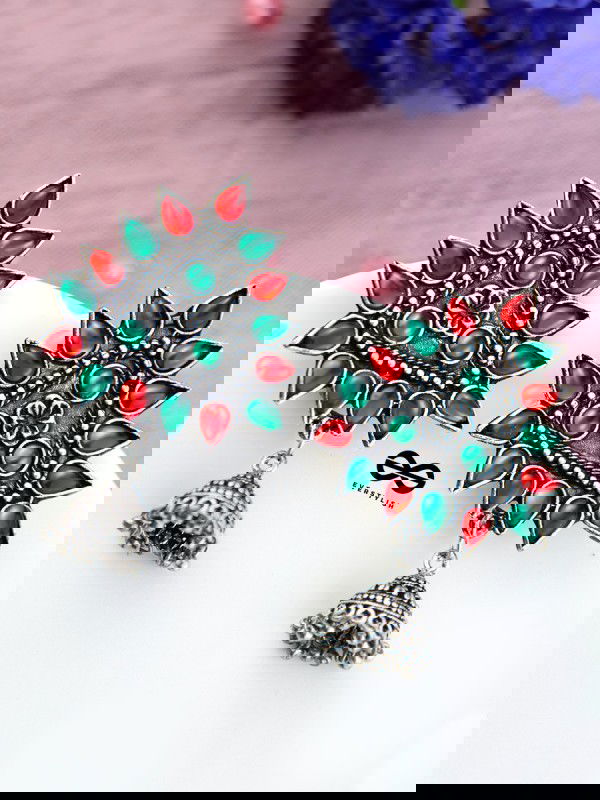 The Ethnic Wonders (Red Green) - Embellished Oxidised Earrings
