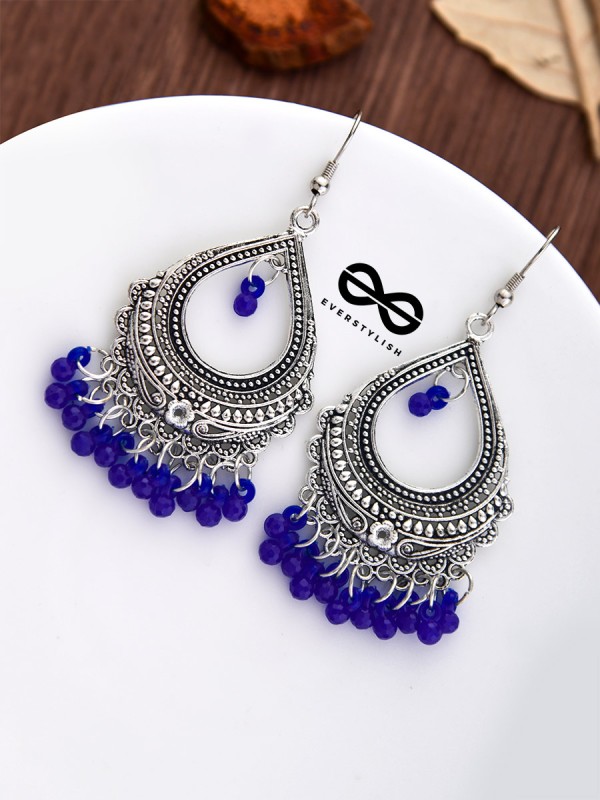 The Intricate Motif Drops (Royal Blue) - Oxidised Boho Earrings