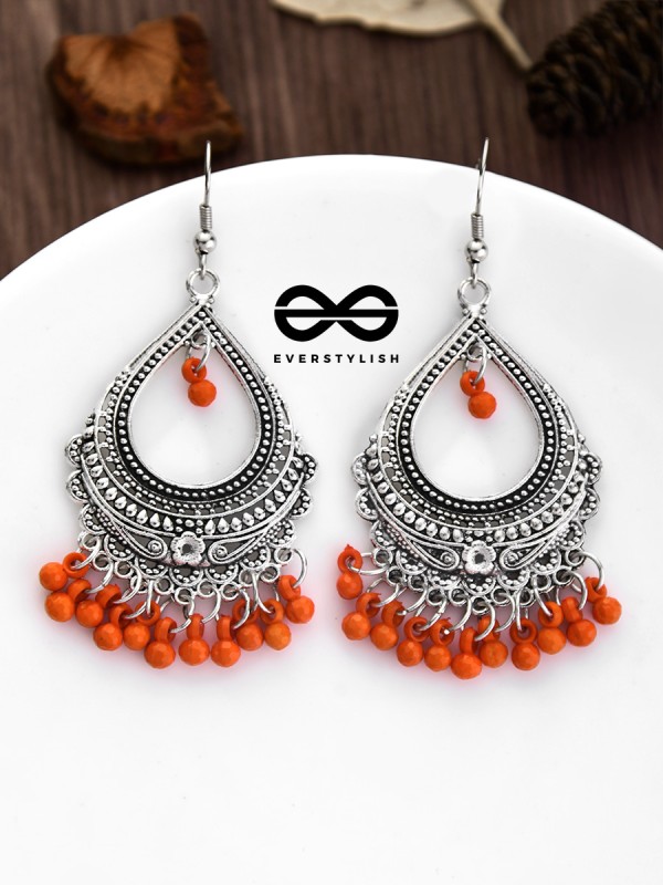 The Intricate Motif Drops (Orange) - Oxidised Boho Earrings