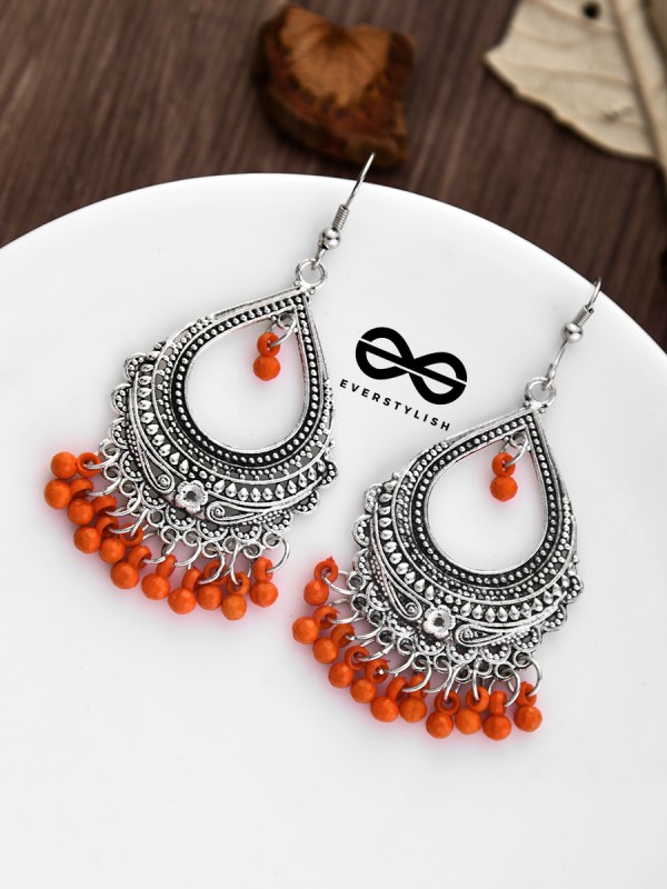 The Intricate Motif Drops (Orange) - Oxidised Boho Earrings