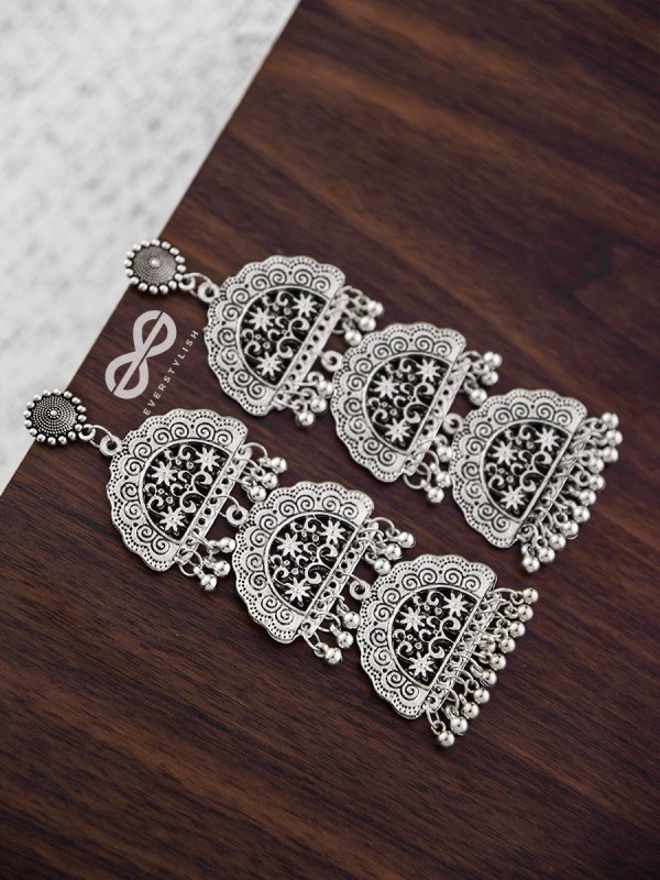 The Triple-Layered Intricate Clouds - Oxidised Boho Earrings