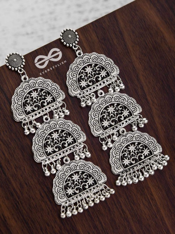 The Triple-Layered Intricate Clouds - Oxidised Boho Earrings