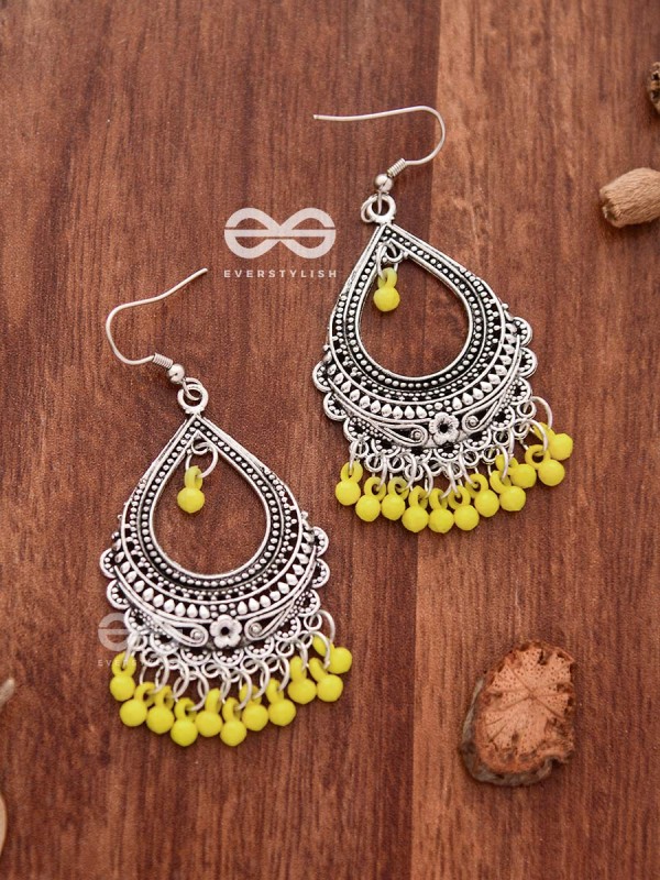 The Intricate Motif Drops (Yellow) - Oxidised Boho Earrings