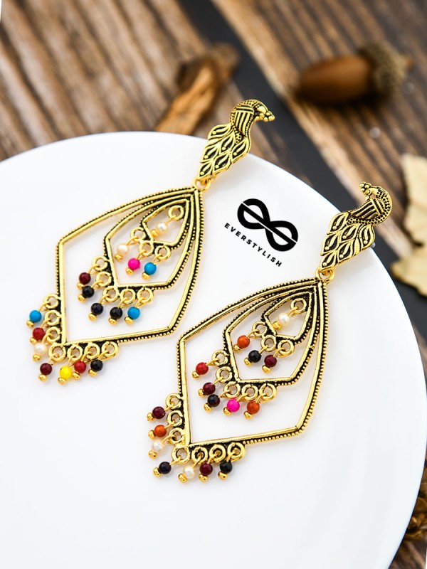 The Golden Layered Peacock Danglers - Oxidised Boho Collection