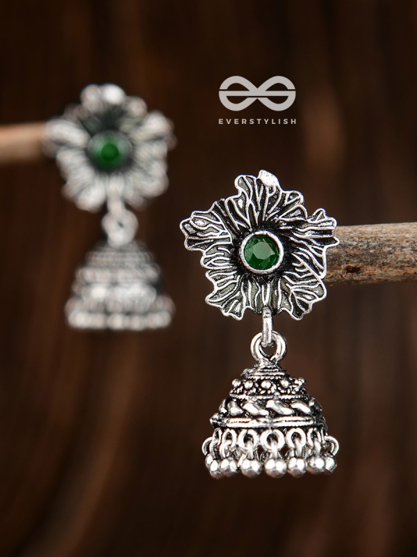 The Artsy Floral Jhumkis (Emarald) - Embellished Oxidised Collection