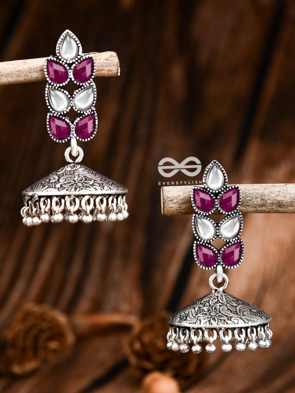 The Olive Branch Intricate Jhumkis - Ruby White - The Embellished Oxidised Collection