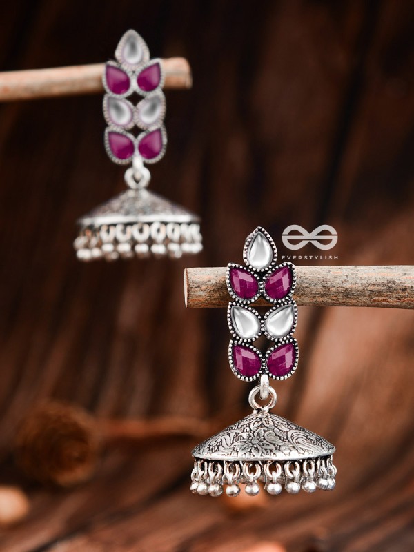 The Olive Branch Intricate Jhumkis - Ruby White - The Embellished Oxidised Collection