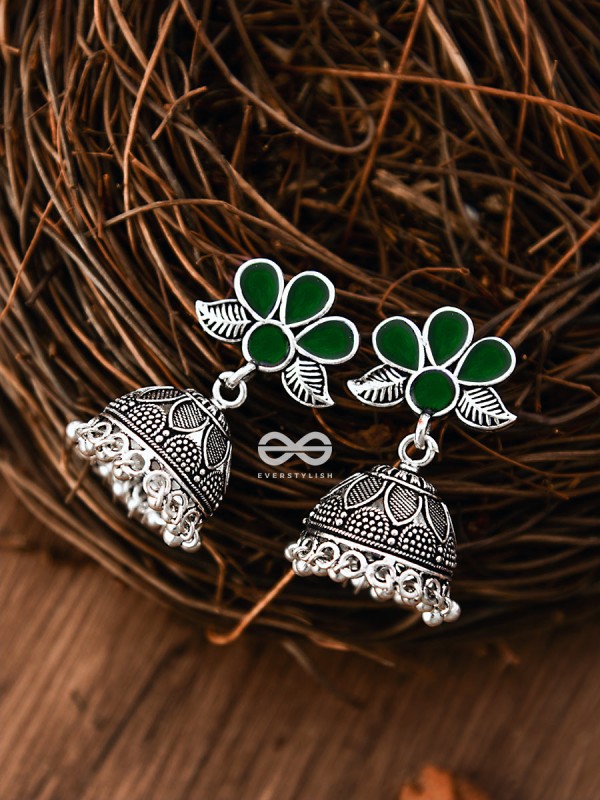 The Floral Delight Meenakari Arwork Jhumkis (Green)