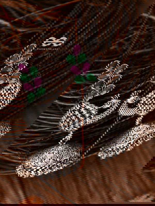 The Dancing Peacocks Engraved Jhumkis (Ruby Emerald) - Embellished Oxidised Collection