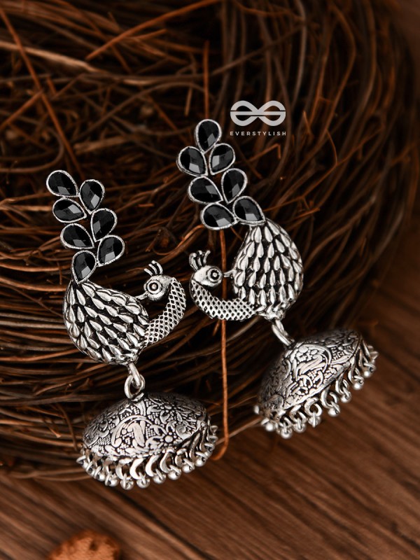 The Dancing Peacocks Engraved Jhumkis (Onyx Black) - Embellished Oxidised Collection