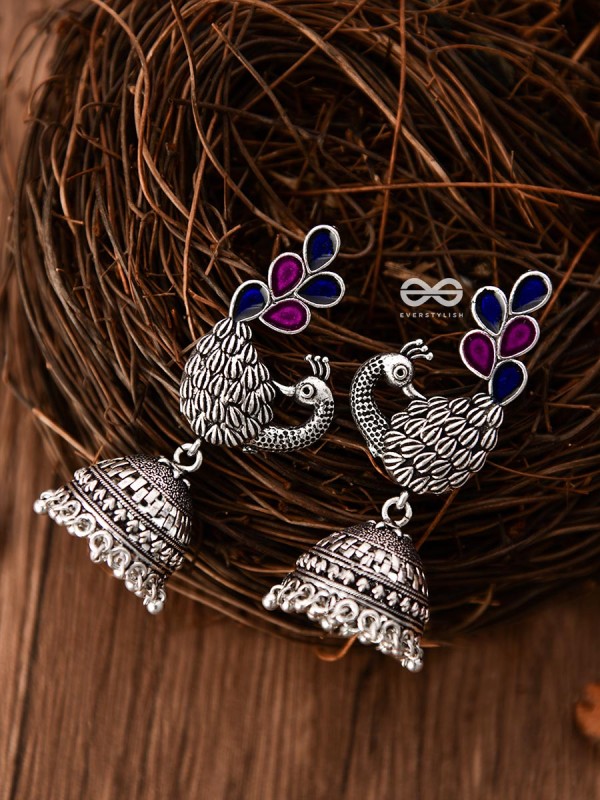 The Enamelled Dancing Peacocks Meenakari Artwork Jhumkas - (Pink-Blue)