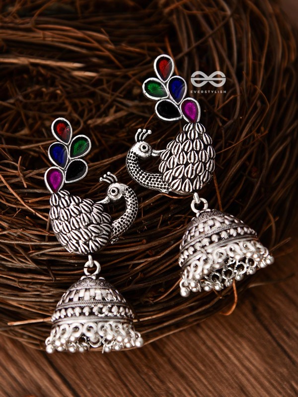 The Enamelled Dancing Peacocks Meenakari Artwork Jhumkas - (Multicoloured)