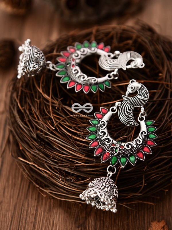 The Intricate Enamelled Peacocks Meenakari Artwork Jhumkas - (Red-Green)