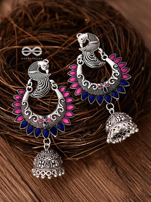 The Elegant Enamelled Peacocks Meenakari Artwork Jhumkas - (Pink-Blue)