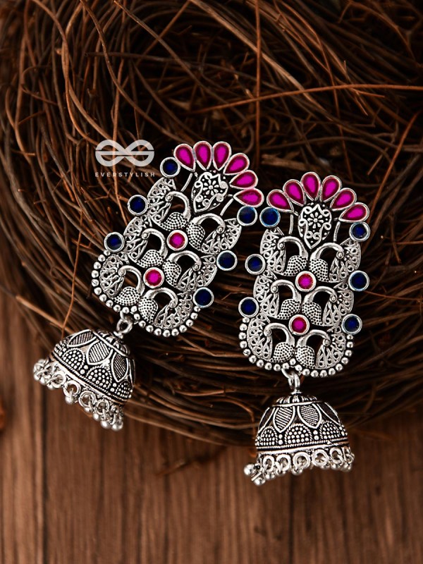 The Intricate Enamelled Peacocks Meenakari Artwork Jhumkas - (Pink-Blue)