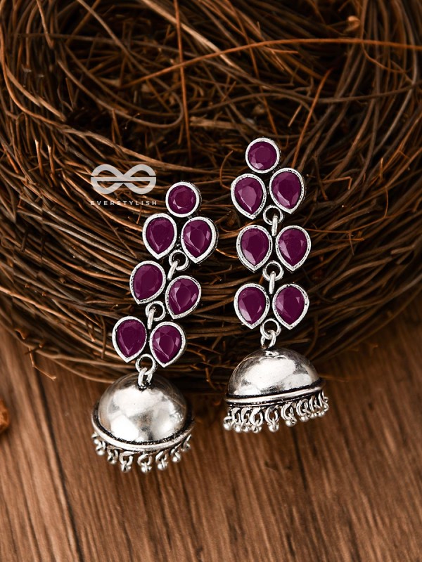 The Playfully Elegant Jhumkas (Ruby Red) - Embellished Oxidised Collection