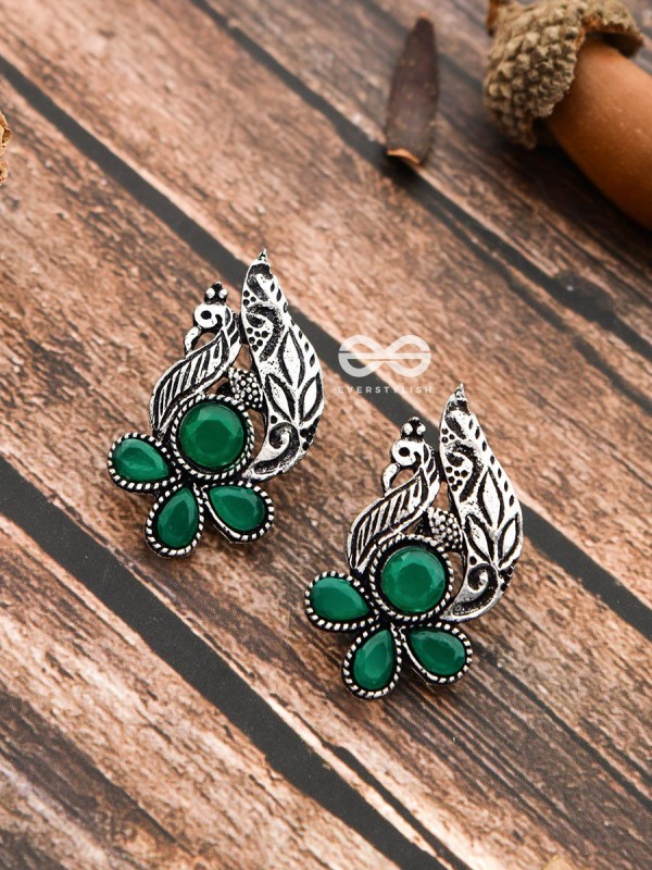 The Little Studded Peacock Studs - Emerald Green - The Embellished Oxidised Collection