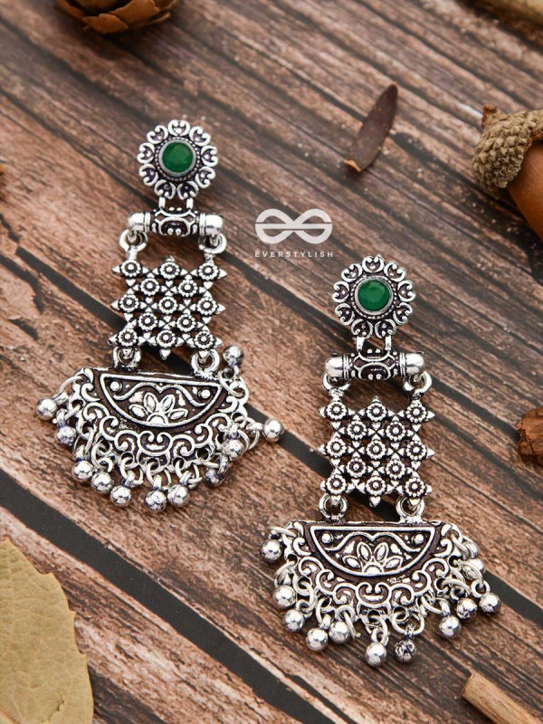 The Embellished Oxidised Collection - Intricate Delight Earrings- Green