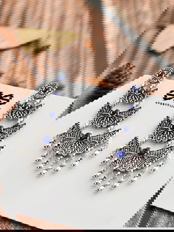 The Embellished Oxidised Collection - Triple Delight Earrings- Blue