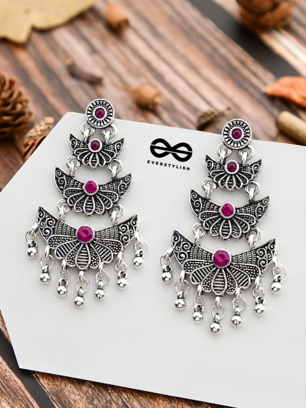 The Embellished Oxidised Collection - Triple Delight Earrings- Pink