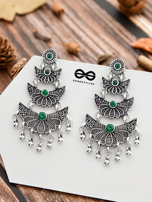 The Embellished Oxidised Collection - Triple Delight Earrings - Green