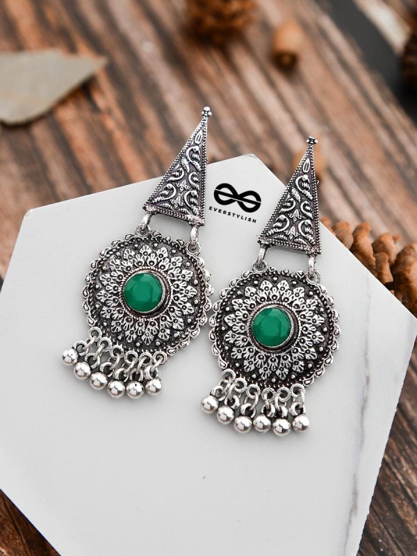 The Embellished Oxidised Collection - Intricate Geometry Earrings- Green