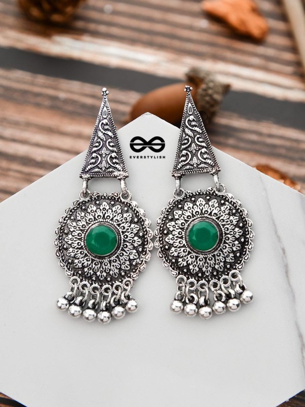 The Embellished Oxidised Collection - Intricate Geometry Earrings- Green