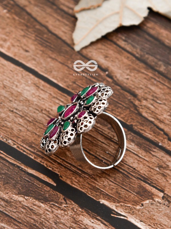 The Scarlett Ring (Adjustable) - Ruby-Emerald - The Embellished Oxidised Collection