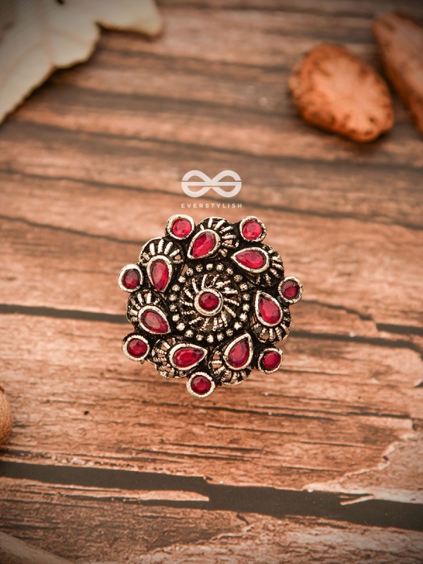 The Charlize Ring (Adjustable) - Ruby Red - The Embellished Oxidised Collection