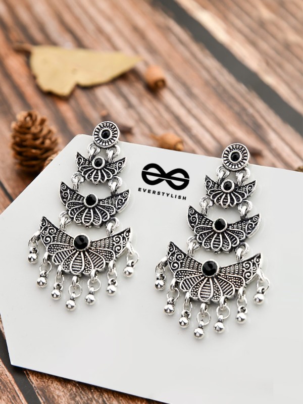 The Embellished Oxidised Collection - Triple Delight Earrings- Onyx Black