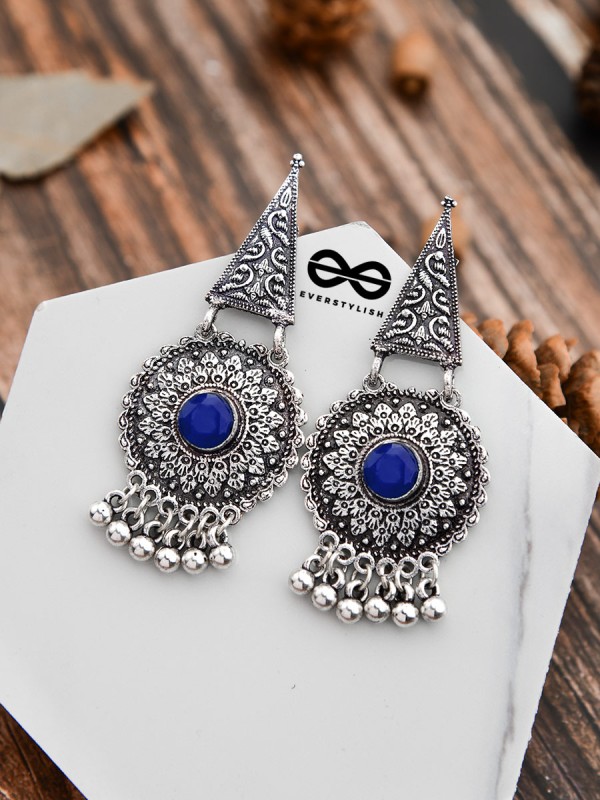 The Embellished Oxidised Collection - Intricate Geometry Earrings- Royal Blue