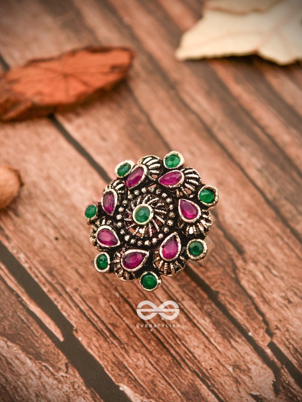 The Charlize Ring (Adjustable) - Ruby Emerald - The Embellished Oxidised Collection