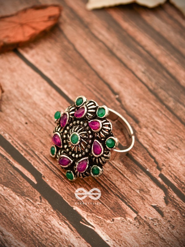 The Charlize Ring (Adjustable) - Ruby Emerald - The Embellished Oxidised Collection