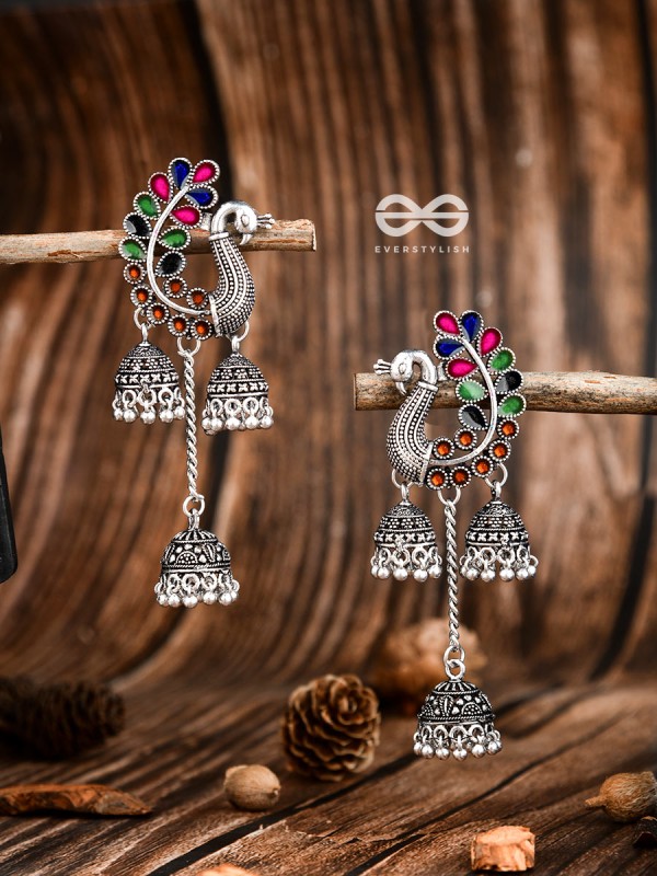 The Enamelled Peacocks Triple Jhumki Statement Earrings - Blue-Pink-Green-Brown