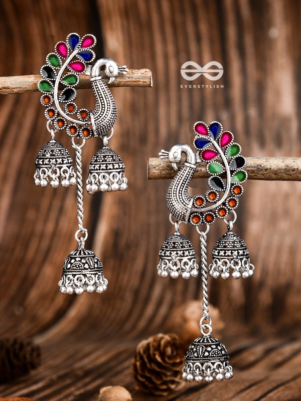 The Enamelled Peacocks Triple Jhumki Statement Earrings - Blue-Pink-Green-Brown