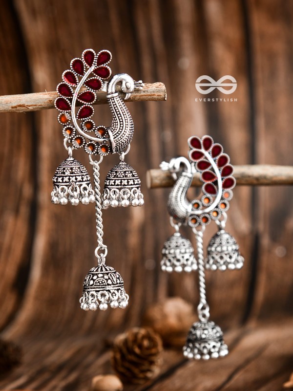 The Enamelled Peacocks Triple Jhumki Statement Earrings - Maroon-Brown