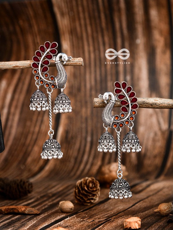 The Enamelled Peacocks Triple Jhumki Statement Earrings - Maroon-Brown