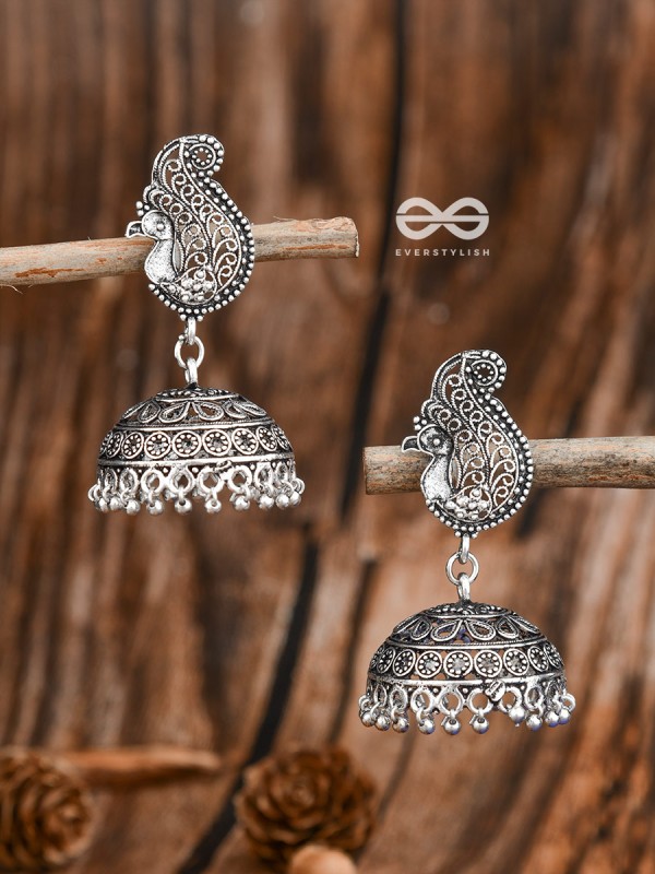 The Intricate Peacock Jhumkis - Oxidised Boho Earrings