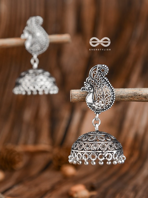 The Intricate Peacock Jhumkis - Oxidised Boho Earrings