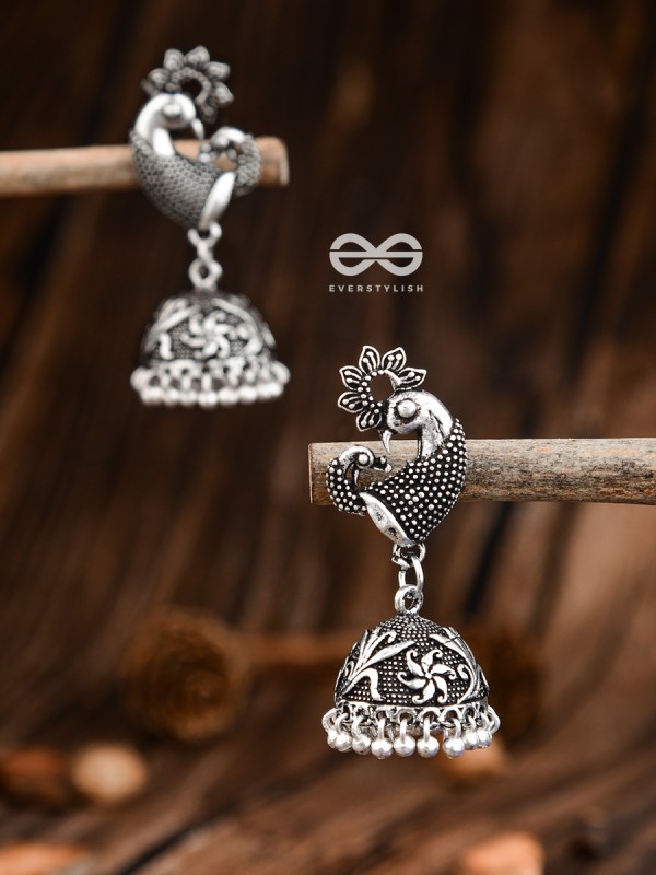The Vintage Artistic Peacock Jhumkis - Oxidised Earrings