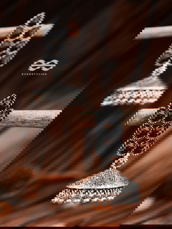 The Olive Branch Intricate Jhumkis - Onyx Black - The Embellished Oxidised Collection