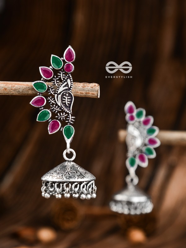 The Bohemian Elegance Floral Jhumkis (Ruby-Emerald) - Oxidised Embellished Collection