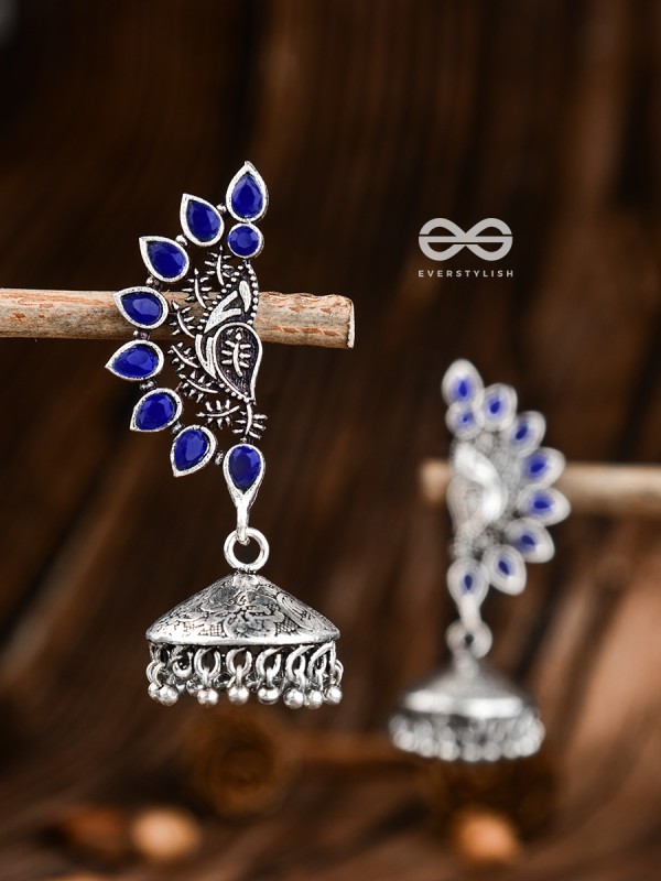 The Bohemian Elegance Floral Jhumkis (Sapphire Blue) - Oxidised Embellished Collection