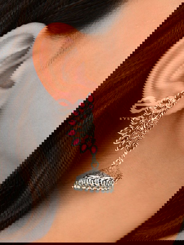 The Bohemian Elegance Floral Jhumkis (Ruby Red) - Oxidised Embellished Collection