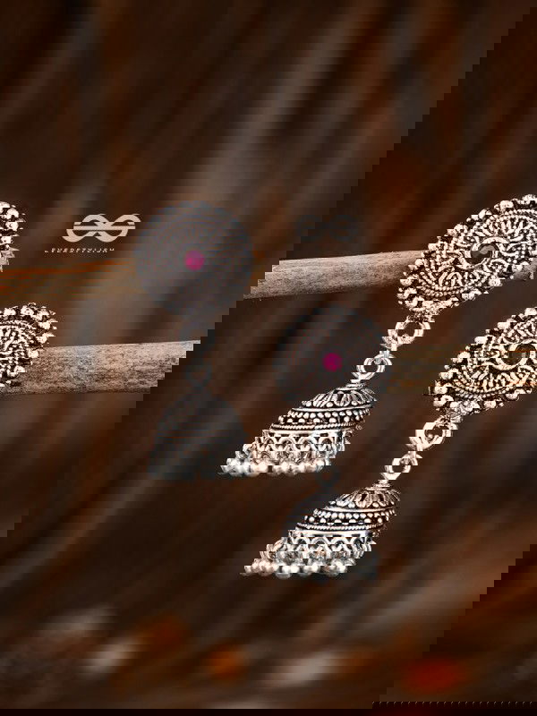 The Little Aztec Jhumkis (Ruby Red) - Embellished Oxidised Collection