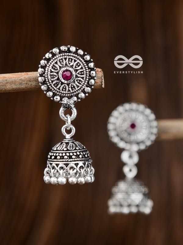 The Little Aztec Jhumkis (Ruby Red) - Embellished Oxidised Collection