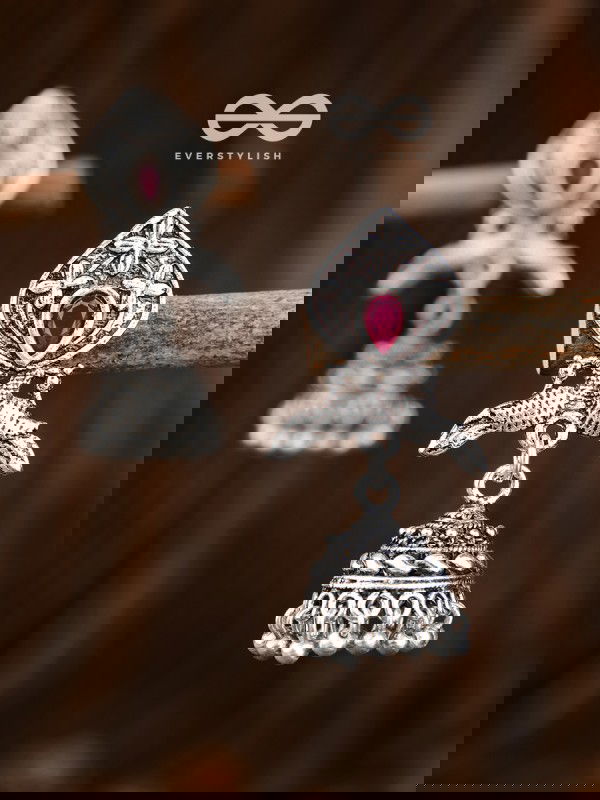 The Twin Peacock Artwork Jhumkis (Ruby Red) - Embellished Oxidised Collection