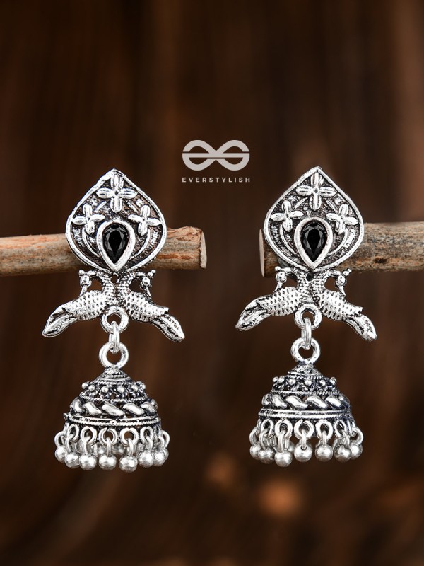The Twin Peacock Artwork Jhumkis (Onyx Black) - Embellished Oxidised Collection