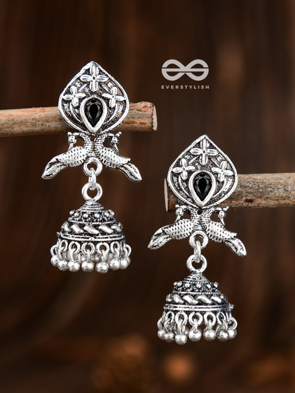 The Twin Peacock Artwork Jhumkis (Onyx Black) - Embellished Oxidised Collection