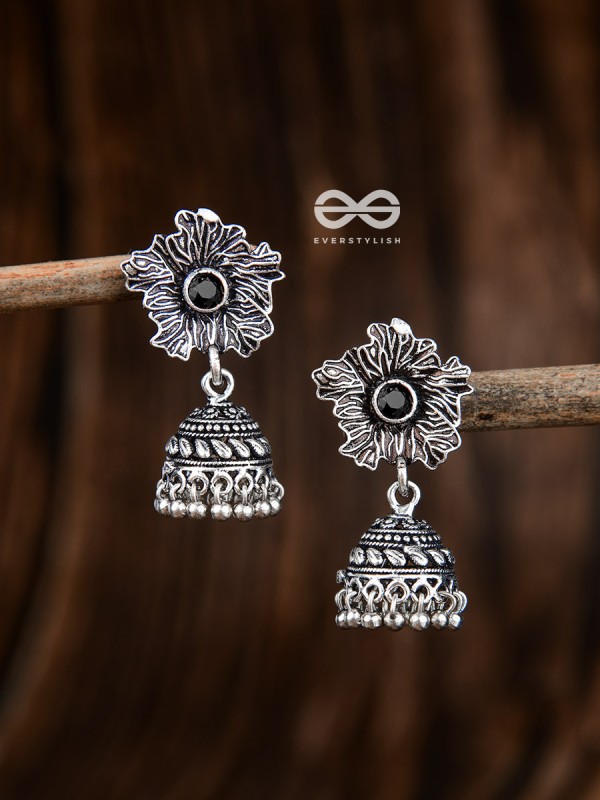 The Artsy Floral Jhumkis (Onyx Black) - Embellished Oxidised Collection